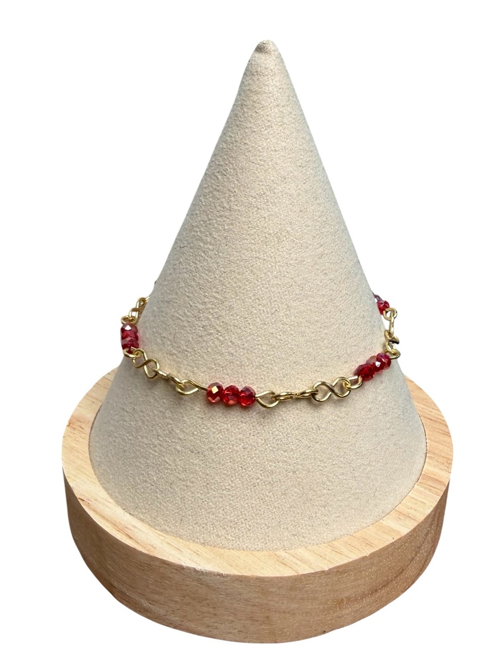 Brass Wire Wrapped Figure Eight Link Bracelet 3mm Red Faceted Glass Beads Sz 6.5